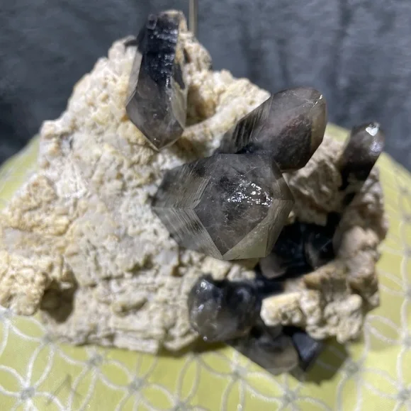 BLACK SMOKY QUARTZ- yellow calcite raw crystal cluster perfect 2”points 5”x5” - Picture 8 of 11